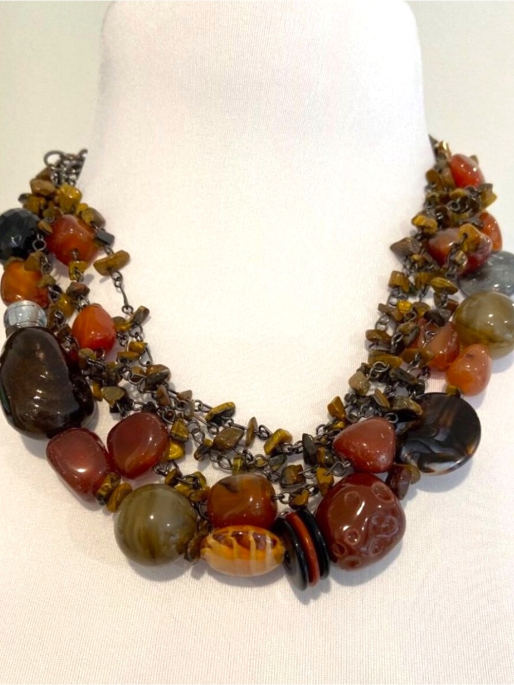 Multi Strand Statement Necklace Chunky Earth Tone Beaded Artisan Boho Bib Neckla